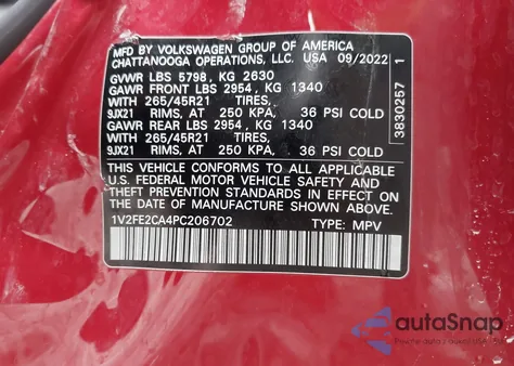 2023 Volkswagen Atlas Cross Sport 3.6L V6 Sel Premium R-Line z USA, uszkodzony, nr VIN 1V2FE2CA4PC206702